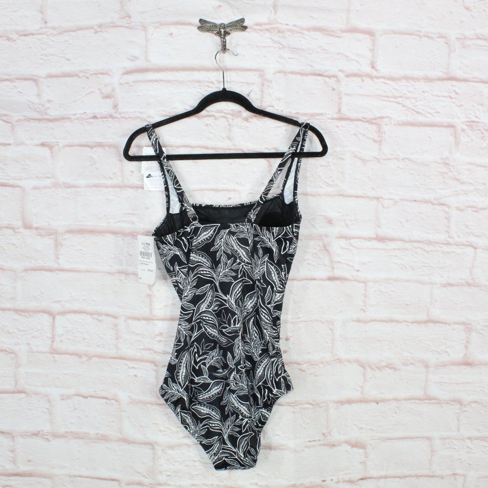 LL Bean Black Botanical Squareneck Tanksuit One-Piece Swimwear Size 12 - Picture 4 of 10